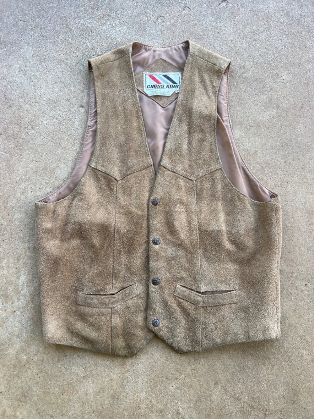 Vintage Chess King Suede Leather Vest Tan Western Style Nylon Lining Men’s Size